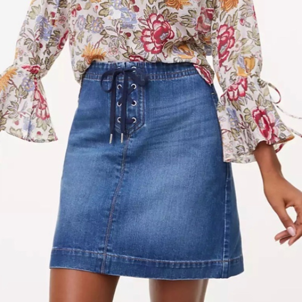 🍓 LOFT Made & Loved Faux Laceup Denim Boho A-line Jean Mini Skirt Size 0